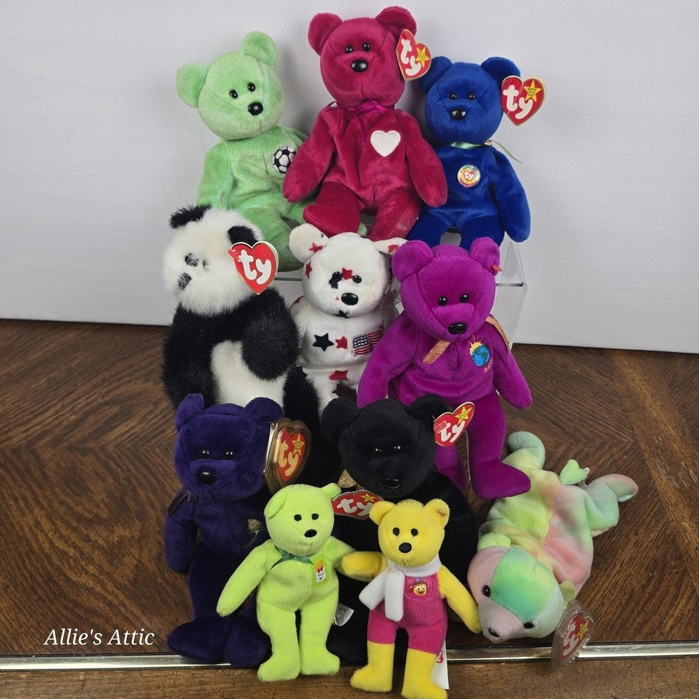 Bear Beanie Babies Plush Lot‎ Stuffed Toy Purple Blue Green Pink Panda Vintage